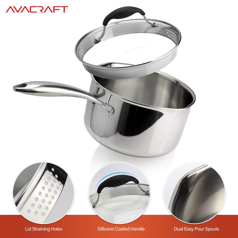 AVACRAFT Tri-Ply Stainless Steel Saucepan with Glass Strainer Lid, Two Side Spouts, Multipurpose Sauce Pan with Lid, Sauce Pot, Cooking Pot (Tri-Ply Full Body, 3.5 Quart) - Image 5